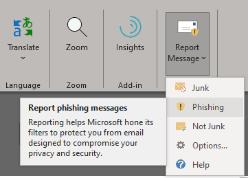 Image showing how to report a Phishing email in outlook.